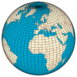 Earth's graticule. The vertical lines from pole to pole are lines of constant longitude, or meridians. The circles parallel to the equator are lines of constant latitude, or parallels. The graticule shows the latitude and longitude of points on the surface. In this example meridians are spaced at 6° intervals and parallels at 4° intervals.