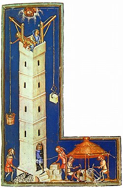 Late medieval German depiction of the Tower being constructed, from a manuscript of Rudolf von Ems' Weltchronik, cgm 5 fol. 29r (c. 1370s)