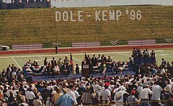 Dennis Vacco (Seated on main stage, front, far left end) at 1996 Dole-Kemp Rally at the University at Buffalo, N.Y.