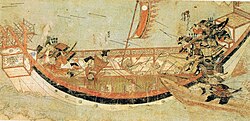 Japanese samurai boarding a Mongol vessel during the Mongol invasions of Japan, depicted in the Mōko Shūrai Ekotoba, 1293