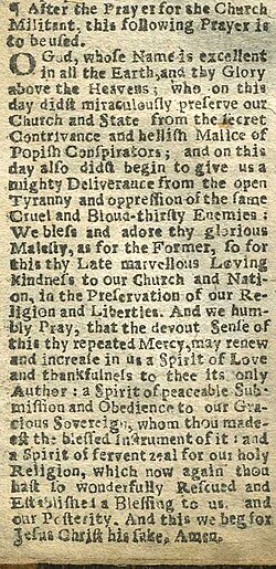 1689 Book of Common Prayer with a special collect for November 5, noting the Gunpowder Plot of 1605