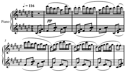 Quartal harmony in "Laideronnette" from Ravel's Ma mère l'Oye. The top line uses the pentatonic scale[11]