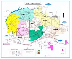 Map of the Hopi reservation surrounded by the Navajo Nation, showing 1882 boundaries, 1936 District 6, and the 1962 Joint Use Area.