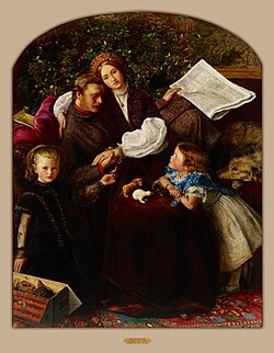 A wounded British officer reading The Times's report of the end of the Crimean War, in John Everett Millais' painting Peace Concluded, 1856
