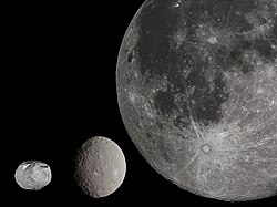 Vesta, Ceres, and the Moon with sizes shown to scale