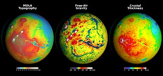 Comparison of topography, free-air gravity anomaly and crustal density map – Red: gravity high; Blue: gravity low