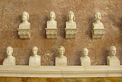 Upper row: Frederick Barbarossa, Henry the Lion, Frederick II "Stupor Mundi", Rudolf I of Habsburg Lower row: Ernst Gideon Freiherr von Laudon, Wolfgang Amadeus Mozart, Duke Karl Wilhelm Ferdinand of Brunswick-Lüneburg, Justus Möser, Gottfried August Bürger.