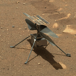 Ingenuity helicopter as viewed from the Perseverance rover on sol 46 after its deployment on the Martian surface by Perseverance