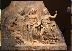 Leto with Zeus and their children, 420–410 BCE, marble, Archaeological Museum of Brauron