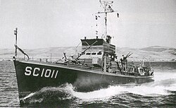 The submarine chaser USS SC-1011 off Terminal Island, California, in July 1943. Transferred at Cold Bay, on 17 August 1945, she served as BO-327 in the Soviet Navy until stricken in 1955.[15]