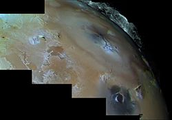 Mosaic of images taken by Voyager 1 of Pele (above right of center) and its filamentary volcanic plume