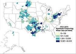 USGS map of water use from hydraulic fracturing between 2011 and 2014. One cubic meter of water is 264.172 gallons.[113][114]