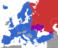 Map of NATO in Europe: Current members Membership Action Plan Countries seeking membership Countries where membership is not a goal Collective Security Treaty Organization (CSTO)