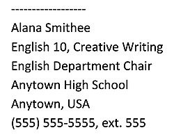 An email signature block example, using a female variant of the Alan Smithee pseudonym.