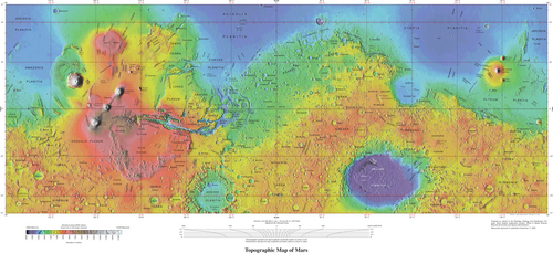 Topographical map of Mars with features labeled and the Martian dichotomy visible (northern low lying and southern highland hemispheres)