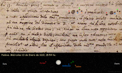 Galileo Galilei's observations of 13 January 1610 in a manuscript noting the positions of the Jovian moons, with modern depiction of their positions