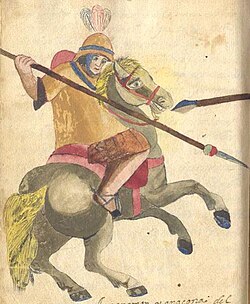 A portrait of the Mapuche chieftain Anganamón, painted at the turn of the 16th and 17th centuries by Jesuit Diego de Ocaña. His head features red, blue, and white feathers.