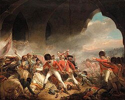 The Last Effort and Fall of Tippoo Sultaun by Henry Singleton, c.1800. Tipu, Sultan of Mysore, an ally of Napoleone Bonaparte, confronted British East India Company forces at the Siege of Srirangapatna, where he was killed.
