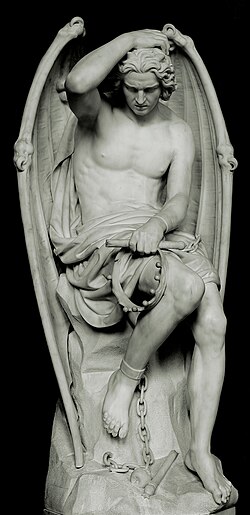 Le génie du mal (1848) by Guillaume Geefs (Liège Cathedral), known in English as The Genius of Evil, The Spirit of Evil, The Lucifer of Liège, or simply Lucifer.