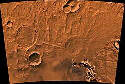 Viking orbiter view of Peneus Patera (left) and Amphitrites Patera (right). Both are ancient volcanic edifices southwest of Hellas.