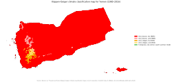 Yemen's Köppen climate classification map[227] is based on temperature, precipitation and their seasonality. BWh Hot desert BWk Cold desert BSh Hot semi-arid BSk Cold semi-arid CWb Subtropical highland