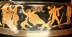 Artemis drives a chariot drawn by a team of deer next to the dying Actaeon. Attic red-figure volute crater, c. 450–440 BCE by the Painter of the Wooly Satyrs. Louvre, Paris.
