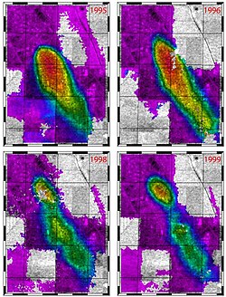 Rapid ground subsidence over the Lost Hills oil field in California. (NASA/JPL-Caltech)
