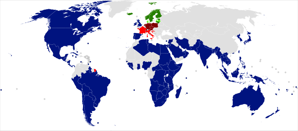 A world map showing the provinces of the Anglican Communion (blue). Shown are the Churches in full communion with the Anglican Church: The Nordic Lutheran churches of the Porvoo Communion (green), and the Old Catholic Churches in the Utrecht Union (red).