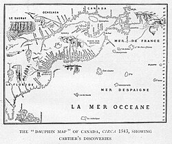 Reproduction of map of 1543 showing Cartier's discoveries (c. 1909)