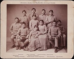 Chiricahua Apaches Four Months After Arriving at Carlisle. Undated photograph taken at Carlisle Indian Industrial School.