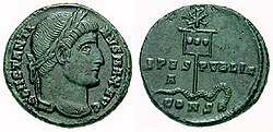 A coin of Constantine (c.337) depicting his labarum spearing a serpent.
