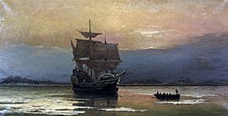 The Mayflower in Plymouth Harbor by William Halsall (1882). The Pilgrims founded Plymouth in 1620.