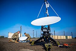 United States Space Force personnel operating a satellite antenna during an electromagnetic warfare military exercise