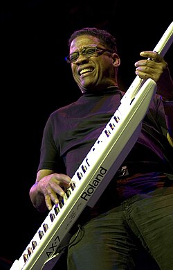 Hancock playing a Roland AX-7 keytar, at The Roundhouse in Camden, London, November 2006