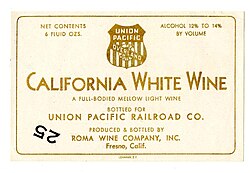 Wine label, Roma Wine Company, bottled for Union Pacific Railroad circa 1940s
