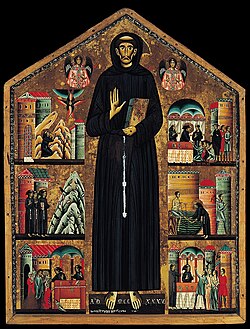 Francis of Assisi, depicted by Bonaventura Berlinghieri in 1235, founded the Franciscan Order.[260]