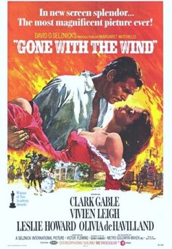 Poster shows Rhett Butler carrying Scarlett O'Hara against a backdrop of the Burning of Atlanta