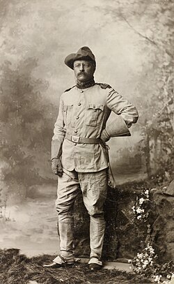 Colonel Theodore Roosevelt in his Rough Riders uniform on October 26, 1898, by Rockwood.