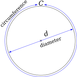 A diagram of a circle, with the width labelled as diameter, and the perimeter labelled as circumference