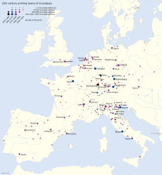 Spread of printing by Johannes Gutenberg from Mainz in Europe in the 15th century