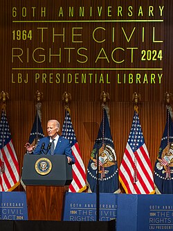 President Joe Biden speaks at an event celebrating the 60th Anniversary of the Civil Rights Act on July 29, 2024, at the Lyndon B. Johnson Presidential Library and Museum in Austin, Texas.
