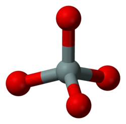 Orthosilicate anion SiO4−4. The grey ball represents the silicon atom, and the red balls are the oxygen atoms.