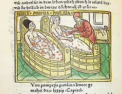 Woodcut illustration of the suicide of Seneca and the attempted suicide of his wife Pompeia Paulina