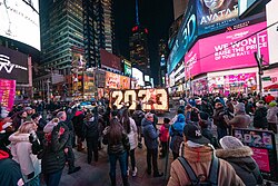 Times Square is the hub of Broadway's theater district and a major Manhattan cultural venue with 50 million tourists annually, making it one of the world's most popular tourist destinations.[28]