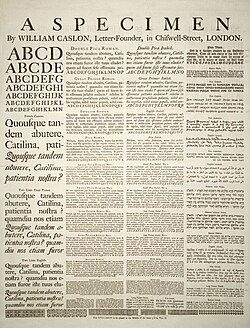 A specimen sheet issued by William Caslon, letter founder, from the 1728 edition of Cyclopaedia