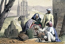 This 1845 British illustration gives an artist's impression of traders in Africa using cowry shells as money.
