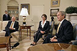 President George W. Bush meets with Speaker-designate Pelosi and House Minority Whip Steny Hoyer on November 9, 2006.