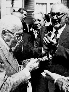 Italian President Sandro Pertini receiving a David di Donatello Award from Fellini in 1985