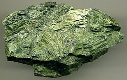 Metamorphosed (serpentinized) clinopyroxenite, made of green diopside, from the Shetland ophiolite, Unst, Scotland