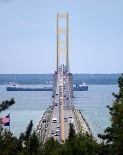 Freighter passing under the bridge, looking towards the Lower Peninsula from Straits State Park